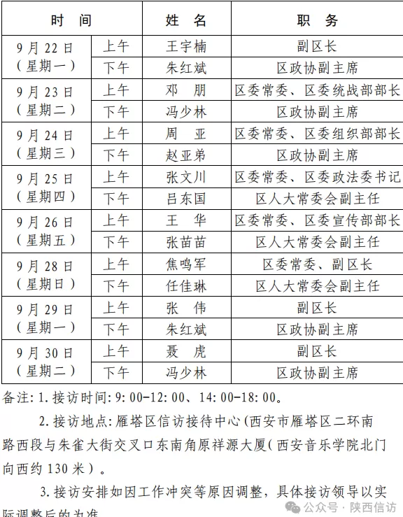 西安市各区县、西咸新区、开发区领导公开接访最新安排（9月22日—9月30日）-第4张图片-