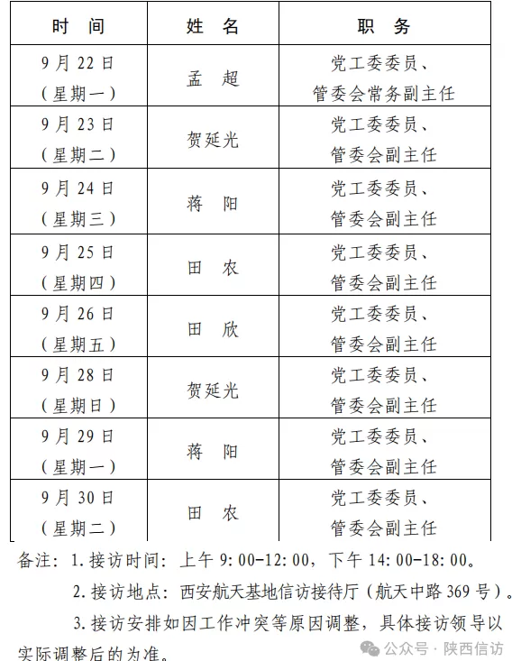 西安市各区县、西咸新区、开发区领导公开接访最新安排（9月22日—9月30日）-第20张图片-