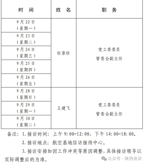 西安市各区县、西咸新区、开发区领导公开接访最新安排（9月22日—9月30日）-第19张图片-