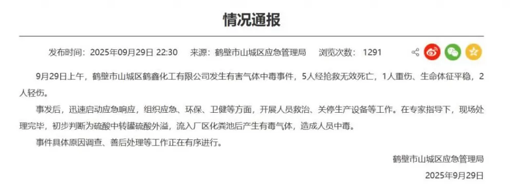 河南鹤壁通报“一公司发生有害气体中毒事件”：5人死亡3人受伤-第1张图片-