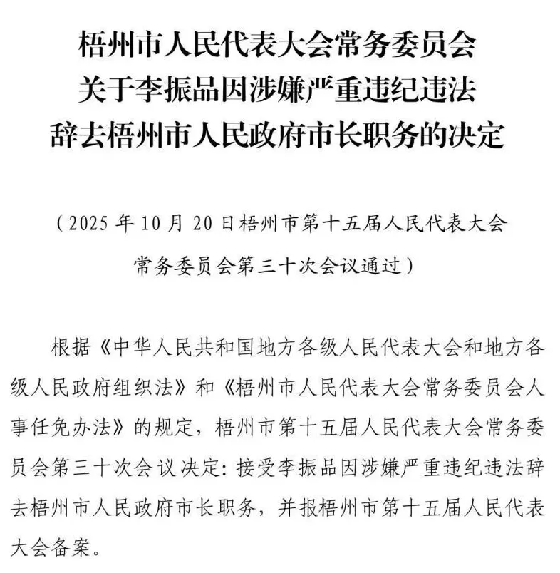 因涉嫌严重违纪违法，李振品辞去梧州市市长职务-第1张图片-
