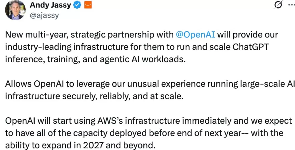 微软不再是首要选择,OpenAI宣布380亿美元购买亚马逊算力-第2张图片- 微软不再是首要选择,OpenAI宣布380亿美元购买亚马逊算力-第2张图片-