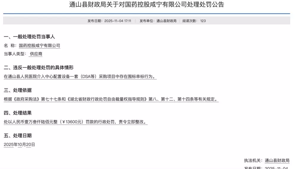 采购项目中存在围标串标行为,国药控股咸宁有限公司被罚13600元-第1张图片- 采购项目中存在围标串标行为,国药控股咸宁有限公司被罚13600元-第1张图片-