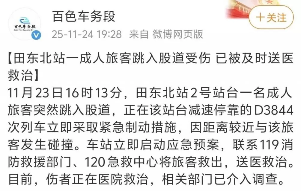 广西一旅客突然跳入股道与动车发生碰撞，南宁铁路通报-第1张图片-