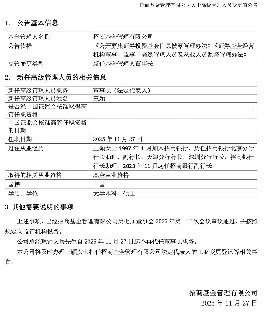 招商基金官宣新“掌舵人”，招商银行副行长王颖出任董事长-第1张图片-